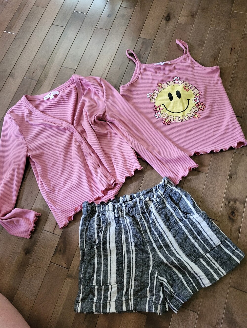 Kids Pink Ribbed Tank & Cardigan Set with Smiley Graphic